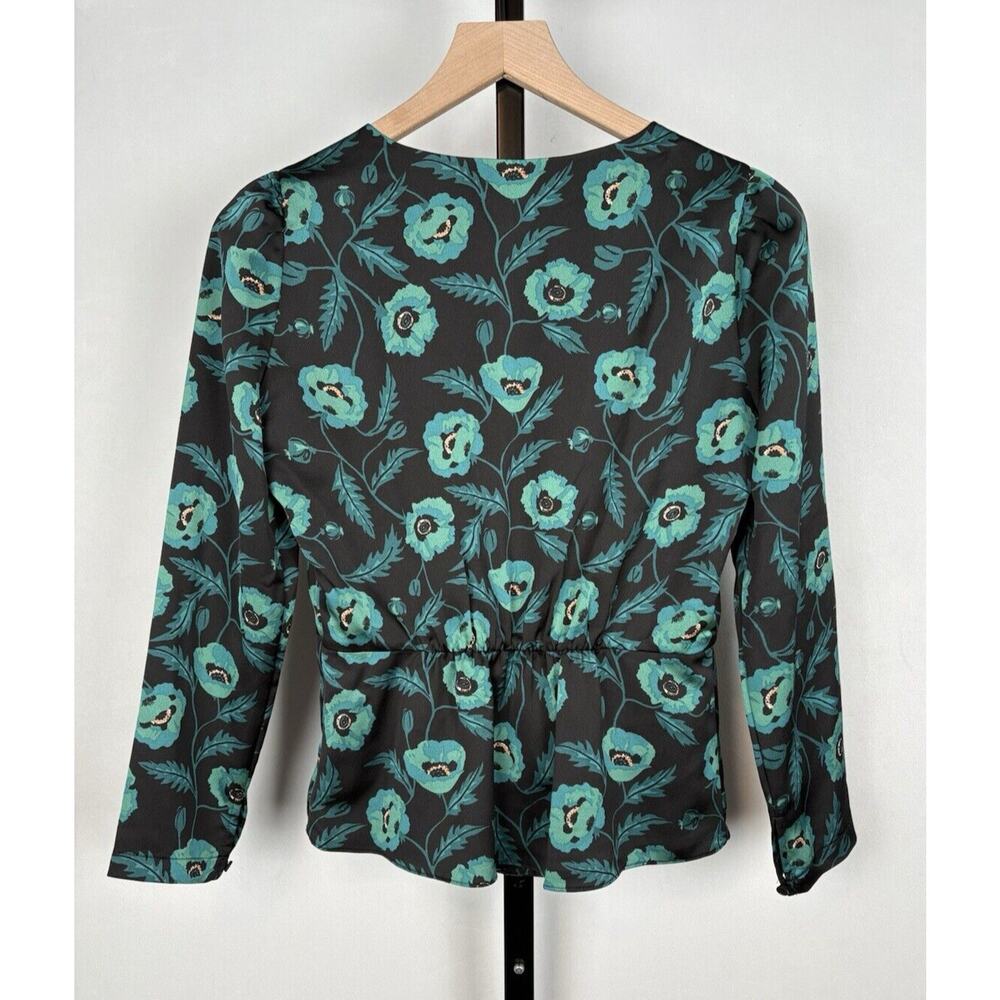 J. Crew Satin Back Crepe Button-front Blouse 0 Black Green Floral V-Neck NWT - Picture 8 of 12